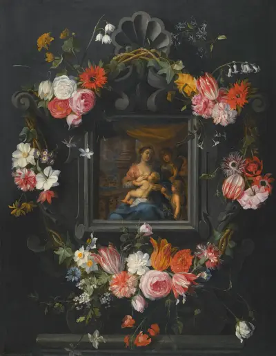 A Garland Of Flowers Surrounding The Virgin And Child av Jan Brueghel the Younger