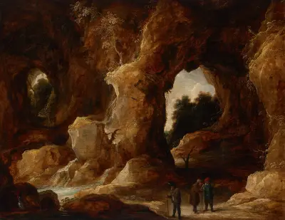 En grotta med figurer, en kronhjort och en stork av David Teniers The Younger