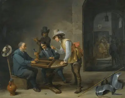 En vaktstuga med trictracspelare i förgrunden av David Teniers The Younger