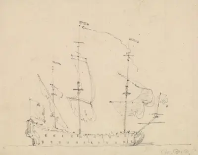 A Three Mast Warship av Willem van de Velde the Younger
