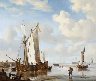 Ett wijdschip och en kaag i en vik nära en strandskoning av Willem van de Velde the Younger
