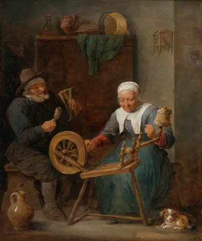 Ett äldre par spinner ull i en interiör av David Teniers The Younger