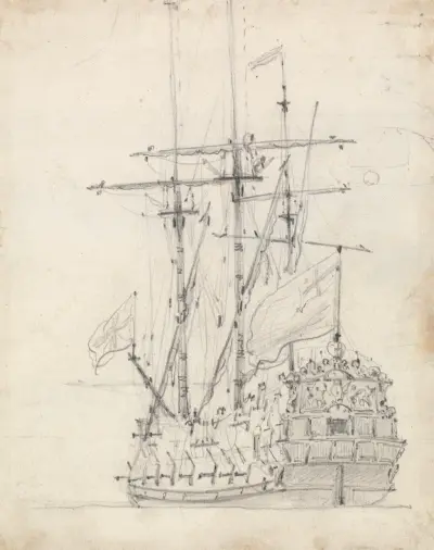 En engelsk fregatt till ankars sett från aktern på babord sida av Willem van de Velde the Younger