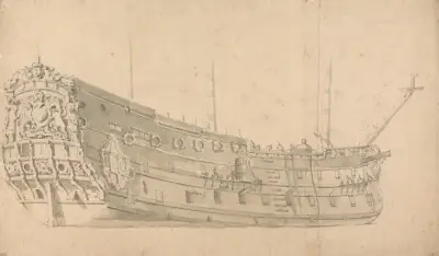 Ett engelskt krigsskepp, akterspegelvy från styrbord av Willem van de Velde the Younger