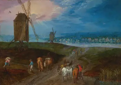 Ett vidsträckt landskap med resenärer framför en väderkvarn av Jan Brueghel the Younger