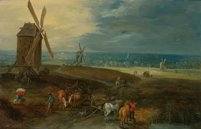 An Extensive Landscape With Travellers Before A Windmill av Jan Brueghel the Younger