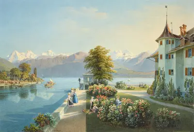 Vy från Thunsjön med Bernalperna och Schloss Schadau av Gabriel Lory the Younger