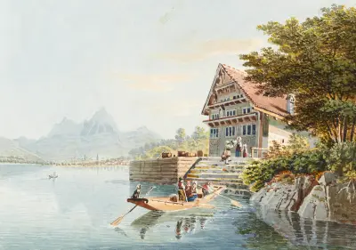 Auberge de Treib, mellan Bekenried och Brunnen, vid Fyrkantssjön av Gabriel Lory the Younger