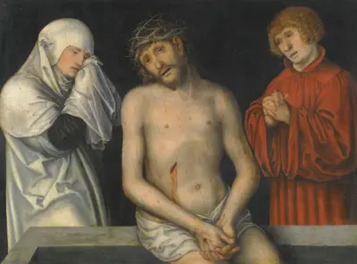 Christ As Man Of Sorrows Together With The Virgin And Saint John av Lucas Cranach the Younger