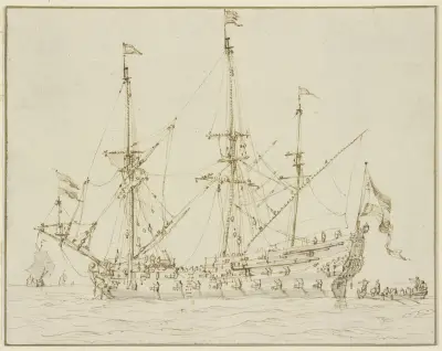 Ein Kriegsschiff mit herabgelassenen Segeln av Willem van de Velde the Younger