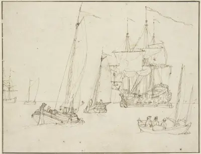 Ein Kriegsschiff, umgeben von drei Segelbooten, in der Ferne noch mehrere andere Schiffe av Willem van de Velde the Younger
