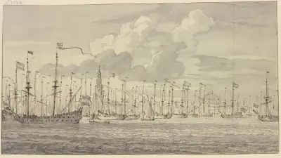 Eine in der Reihe liegende Flotte vor Amsterdam av Willem van de Velde the Younger
