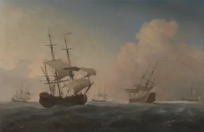 Engelska krigsfartyg som kränger i brisen utanför kusten av Willem van de Velde the Younger