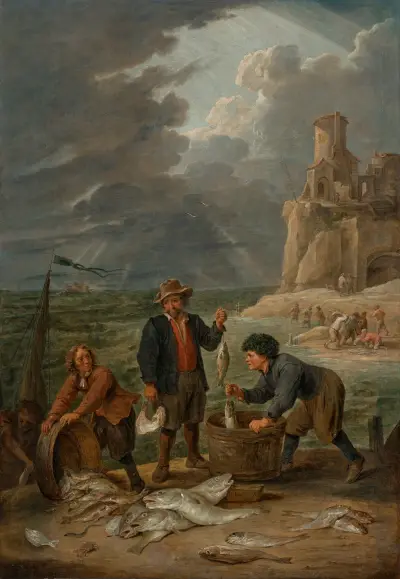 Fiskare som återvänder till stranden med sin fångst, i bakgrunden andra fiskare nedanför en fyr på en klippa av David Teniers The Younger