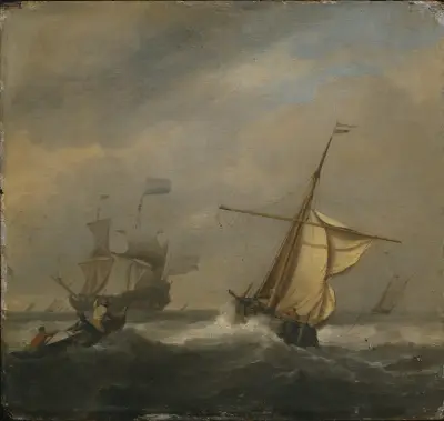Fiskebåtar i en gatt av Willem van de Velde the Younger