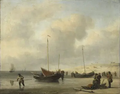 Fiskebåtar på stranden (Stranden, lossning av en fiskeskonert) av Willem van de Velde the Younger