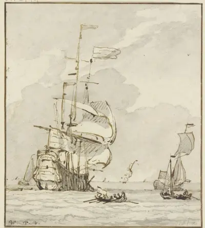Großes Schiff von links nach hinten segelnd, vorne ein Ruderboot und mehrere andere Schiffe av Willem van de Velde the Younger