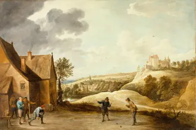 Landskap med bönder som spelar klot utanför en krog av David Teniers The Younger