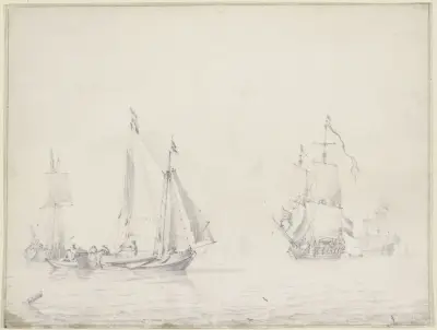 Links drei Barken, rechts zwei größere Schiffe unter vollen Segeln av Willem van de Velde the Younger