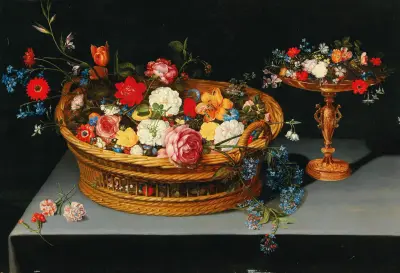 Mixed flowers in a basket with a tazza nearby av Jan Brueghel the Younger