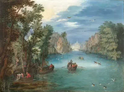 Paysage fluvial animé de personnages av Jan Brueghel the Younger