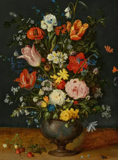 Rosor, papegojtuplipaner, narcisser, en lilja, en riddarsporre, gurkört, mossrosor, förgätmigej, viola och andra blommor i en tennvas av Jan Brueghel the Younger