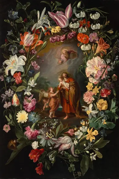Sankt Johannes bär Kristusbarnet med Gud Fadern och änglar i en blomstergirlang av Frans Francken the Younger