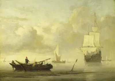Skepp nära kusten i stiltje av Willem van de Velde the Younger