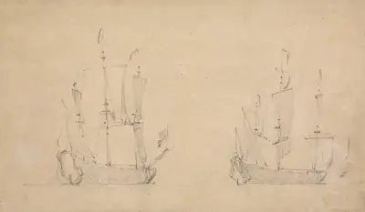 Akterkvartsvy av ett flaggskepp i svag vind av Willem van de Velde the Younger