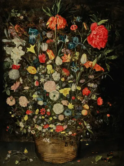 Stilleben med en stor blombukett i en trähink av Jan Brueghel the Younger