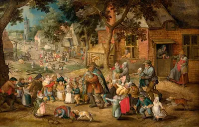The bagpipe player surrounded by children av Pieter Brueghel The Younger