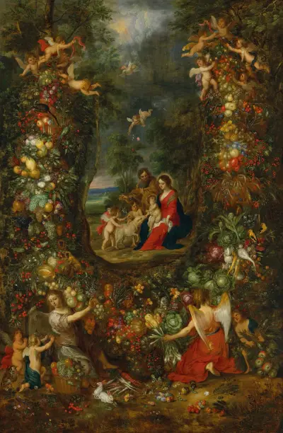 Den heliga familjen omgiven av en fruktgirlang som hålls upp av putti av Jan Brueghel the Younger