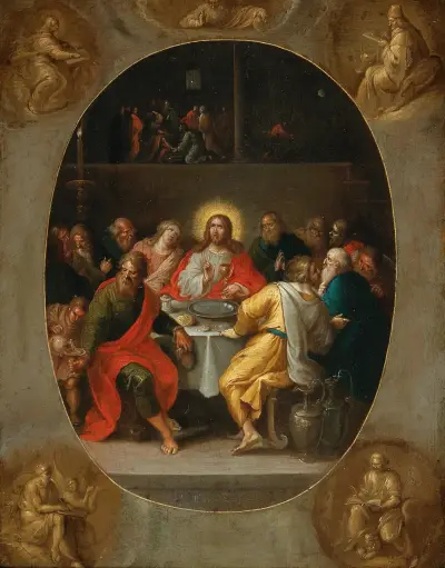 Nattvarden (i en målad oval), Gud Fadern och de fyra evangelisterna (målade i grisaille i hörnen) av Frans Francken the Younger