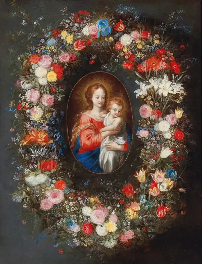 Madonnan och barnet omgivna av en blomstergirlang av Jan Brueghel the Younger