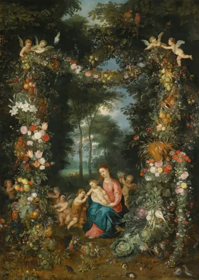 Jungfrun och barnet med den unge Johannes döparen, omgivna av girlanger och frukt- och blomsterslingor av Jan Brueghel the Younger