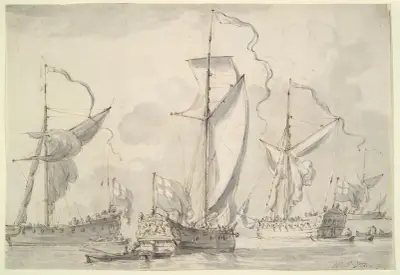 Tre brittiska örlogsfartyg av Willem van de Velde the Younger