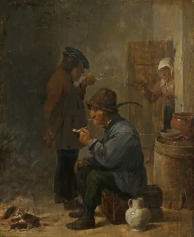 Två rökande bönder vid kolkamin av David Teniers The Younger