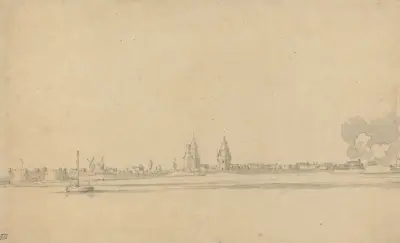 Utsikt över en holländsk stad (Delft) av Willem van de Velde the Younger