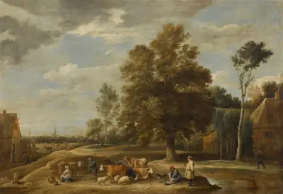 Bymotiv med herdar, en mjölkpiga, boskap, får och en hund, en stad i fjärran av David Teniers The Younger