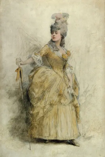 Portrait de Réjane (1856-1920) en costume de scène. av Théobald Chartran