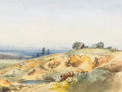 Eine Landschaft mit einem schmalen Pfad und einem Ochsenkarren von Edward Theodore Compton