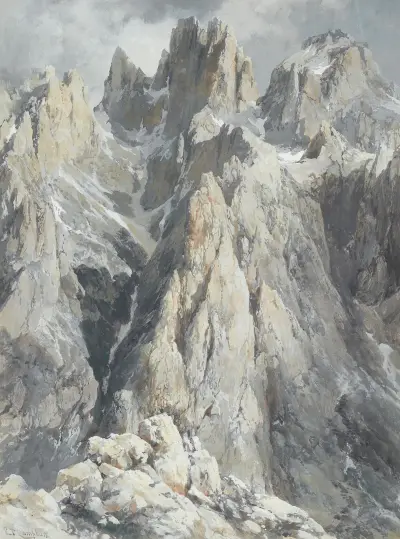 Cima di Fiocobon a Cima di Campido od severozápadního okraje náhorní plošiny Altipiano delle Pale di San Martino, Edward Theodore Compton