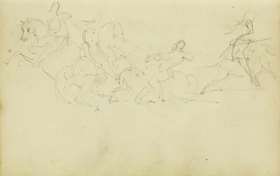 Kavalleriskärmytsling med fyra ryttare av Théodore Géricault