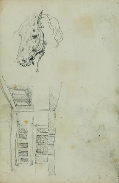Horse head, view of a courtyard, Théodore Géricault