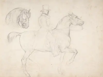 Man till häst, och studie av hästhuvud av Théodore Géricault