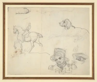 Sida med skisser (ryttare, hund, soldathuvud) av Théodore Géricault