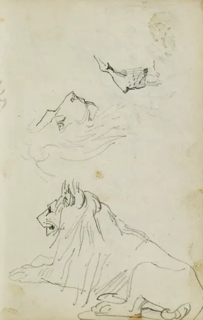 Sittande lejon, två lejonhuvudstudier av Théodore Géricault