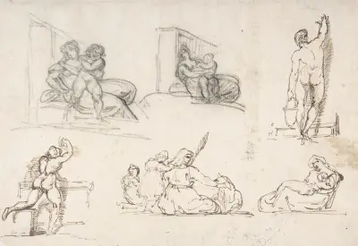 Sex figurstudier, inklusive fyra för Den fattiga italienska familjen av Théodore Géricault