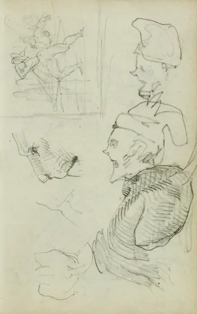 Studier av lejon, kompositionsstudie, två karikatyrhuvuden av Théodore Géricault