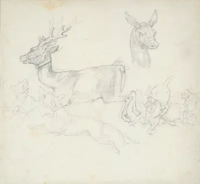 Studie av hjort jagad av hundar, hindens huvud av Théodore Géricault